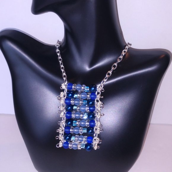 Handmade Blue Beaded Statement Necklace With Silver Tone Chains - Picture 11 of 16